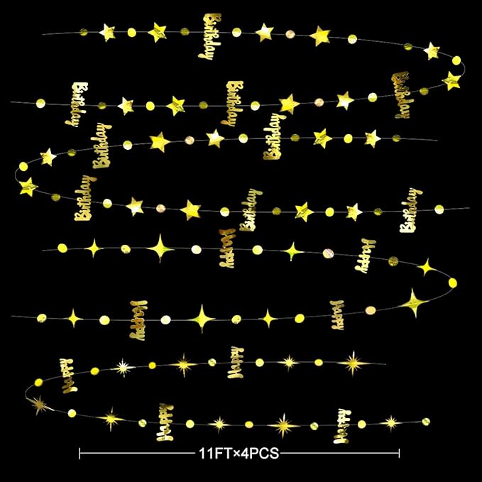 Gold Happy Birthday Decorations Happy Birthday Circle Dot Twinkle Star Garland Metallic Hanging Streamer Bunting Banner Backdrop for 1st 13th 16th 21st 30th 40th 50th 60th Birday Party Supplies