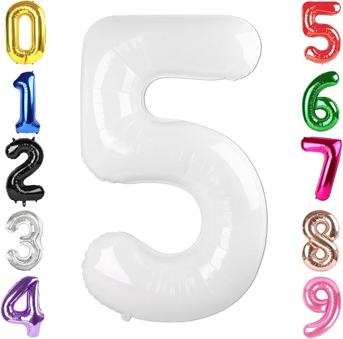 40 Inch White Number 5 Balloon, Giant 5 Number Balloons for 5th Birthday Decorations, Party Supplies for Baby Boy Girl, White Party Decor