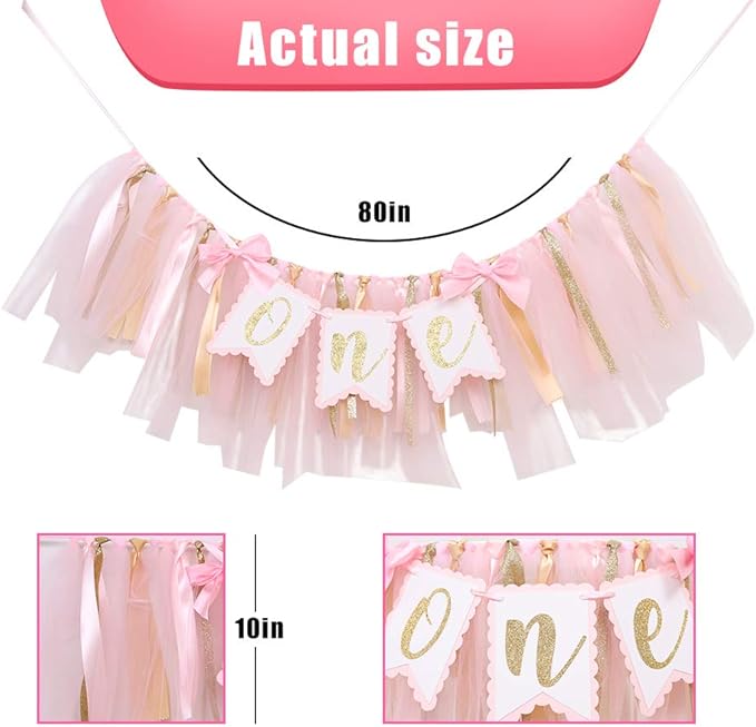 Highchair Banner 1st Birthday Girl - Tulle And Ribbon Banner For First Birthday, Cake Smash Photo Prop, Party Supplies (Pink)