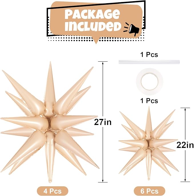 10 Pcs Caramel Star Balloons Explosion Starburst Balloon Foil Cone Balloons Magic for Birthday Wedding Anniversary Party Backdrops Decorations Supplies, 6 Pcs 22Inches and 4 Pcs 27Inches