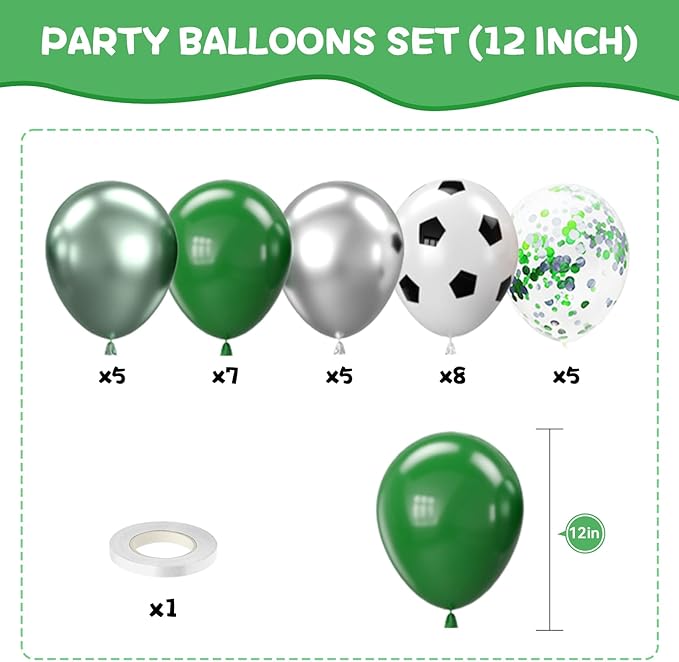 Soccer Balloons, 12 Inch Football Balloon Metallic Green Silver black Confetti Party Latex Ballons for Boy Soccer Birthday Sport Decorations Baby Shower Graduation Party Supplies