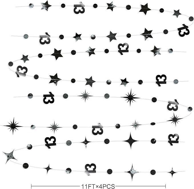 Black 13th Birthday Decorations Number 13 Circle Dot Twinkle Star Garland Metallic Hanging Streamer Bunting Banner Backdrop for Girls 13 Year Old Birthday Thirteen Official Teenager Party Supplies