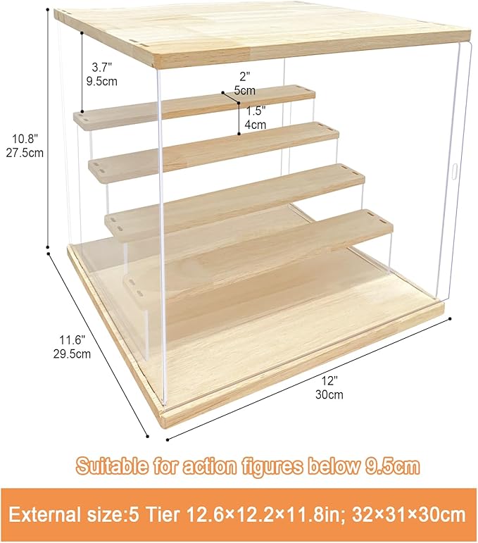 Clear Acrylic Display Case with Light , 5 Tier Display Box Stand Assembly Dustproof Protection Showcase for Collectibles Action Figures (12.6×12.2×11.8in; 32×31×30cm)
