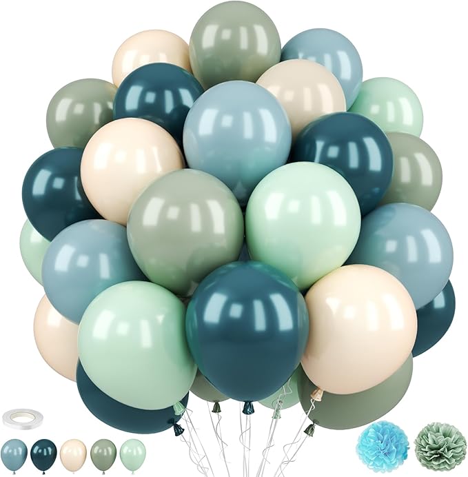 Dusty Green Blue Balloons, 12 Inch Slate Fog Blue Pastel Green White Sand Beige Balloons for Boys Baby Shower Birthday Boho Bridal Wedding Party Supplies