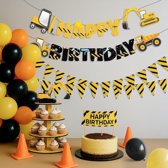 3 Packs Construction Happy Birthday Banner and Construction Pennant Flags Bunting Banner Decorations Construction Birthday Party Supplies for Boys Birthday Party (Construction)