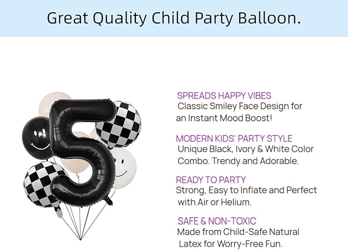 100% LIKED- 40” Black Five|Black & White Smiley Face Latex |Checkered Foil for Birthday Decorations, Smiley Face Party Deco, Baby Shower,3rd Birthday Party Supplies
