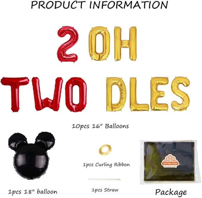 Red Oh Twodles Balloon Birthday Banner Party Supplies Number 2 Balloon for 2nd Second Boy Birthday Party Decoration 13PCS Kit of Geloar (Red)