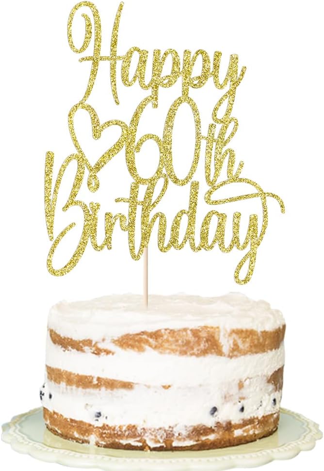 Gold Glitter Happy 60th Birthday Cake Topper - Cheers to 60 Years Cake Topper, 60 & Fabulous Cake Decoration for Hello 60th Birthday Anniversary Party Cake Decorations Supplies