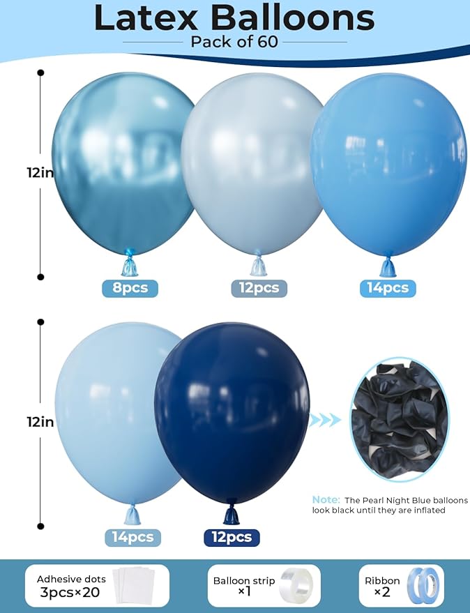 Blue Balloons Set, 60Pcs 12In Graduation Balloons, Metallic Navy Light Blue Balloon, for Boys Birthday, Graduation Decoration 2025, Baby Shower, Wedding, Ocean Theme Party Supplies