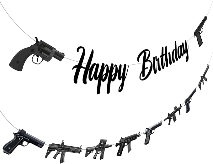 Jollyboom Gun Birthday Party Decorations, Military Nerf Gun Theme Happy Birthday Banner & Pistol Shooting Garland Set Easy Assembly, Paper Material for Boys' Indoor Outdoor Bday Party Supplies