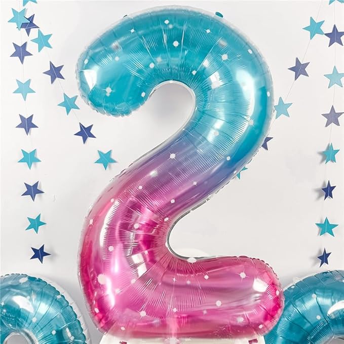 Mermaid 2 Balloons, 40 Inch Giant Rainbow Starry Helium Mylar Foil Number 0-9, Purple Teal 2nd Birthday Balloon for Girls, Blue Pink Morados Numero Two Balloons for Women Anniversary Party Decorations