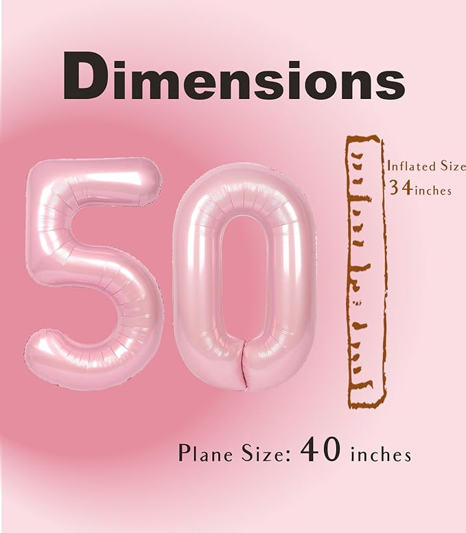SUWEN 40 Inch Large Pink 50 Balloon Numbers Big Foil Helium Number Balloons 0-9 Jumbo Happy 50th Mylar Birthday Party Decorations for Women Anniversary Party Supplies