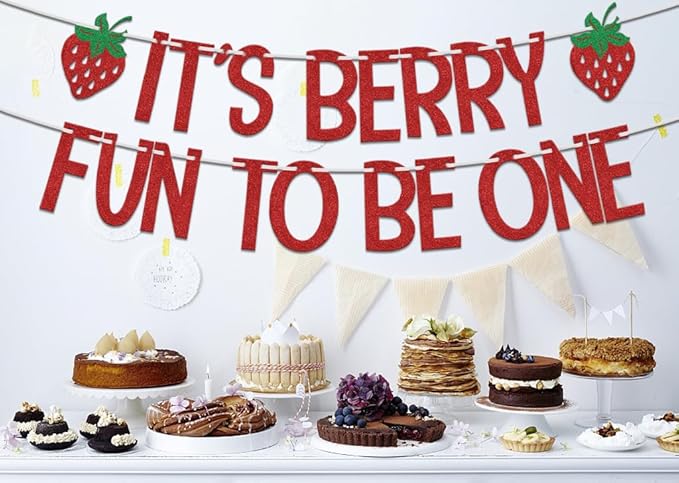 It's Berry Fun to be One Banner, Strawberry 1st Birthday Decorations, Berry Sweet Baby Shower Decoration, First Baby Girls One Year Old Birthday Party Supplies Red Green
