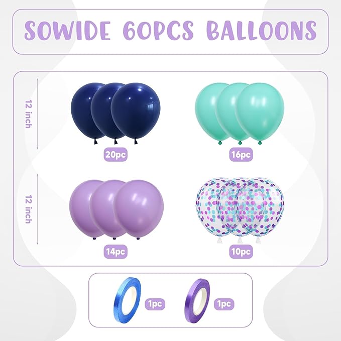 Purple and Blue Balloons, 60pcs 12 Inch Royal Blue Teal Macaron Purple Confetti Birthday Balloons for Girl Fun Theme Birthday Beach-Inspired Party Supplies Baby Shower Party Decorations