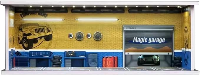 1/64 Model Car Display Case Diecast Diorama Garage，Simulated Parking Lot Model Miniature Scene Parking Lot PVC Assembly with Light Parking Space Model Display Frame Toy Display Box (Yellow)