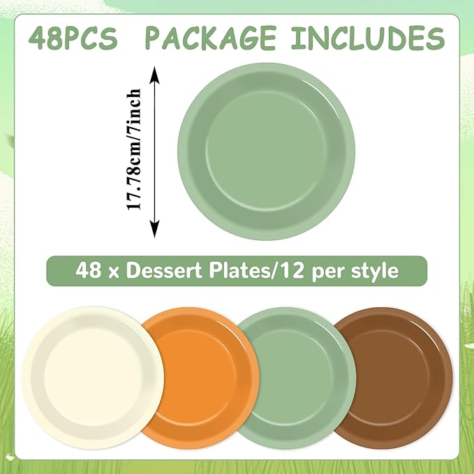 CHUNNIN 48Pcs Safari Party Paper Plates for Woodland Themed Party Supplies 7" Brown Sage Green Disposable Dessert Plates for Spring Birthday Woodland Forest Animal Baby Shower Decor