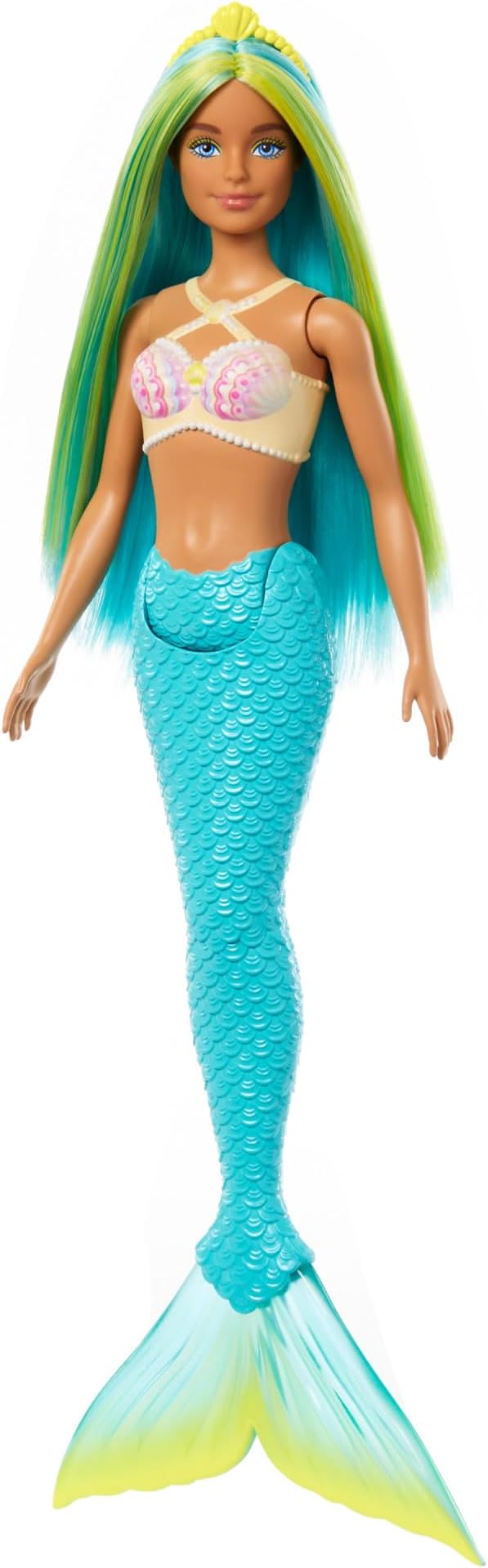Barbie Mermaid Doll with Two-Tone Blue & Yellow Fantasy Hair & Headband Accessory, Toy with Shell Bodice & Turquoise Tail