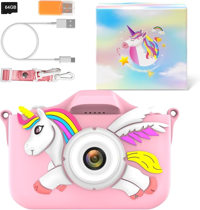 Kids Camera for Girls Boys Toddlers Childrens Age 3-8 Digital Selfie with 64GB Card for Son Daughter Grandson Granddaughter Christmas Birthday Gifts