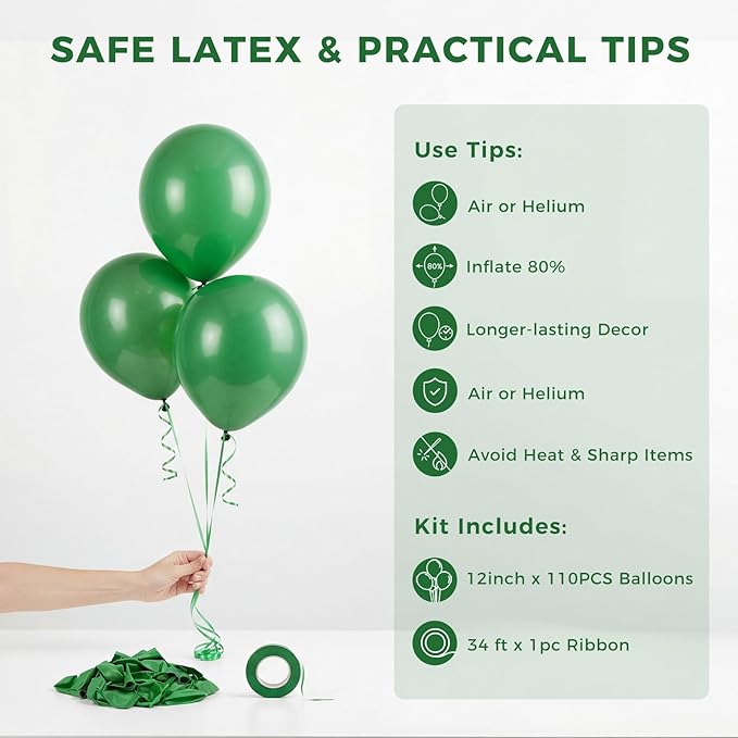 LovesTown 110PCS Latex Balloons 12inch, Party Balloons Arch with Ribbon for Birthday Jungle Family Reunion Party St. Patrick's Day Decorations Dark Green (Pack of 2)
