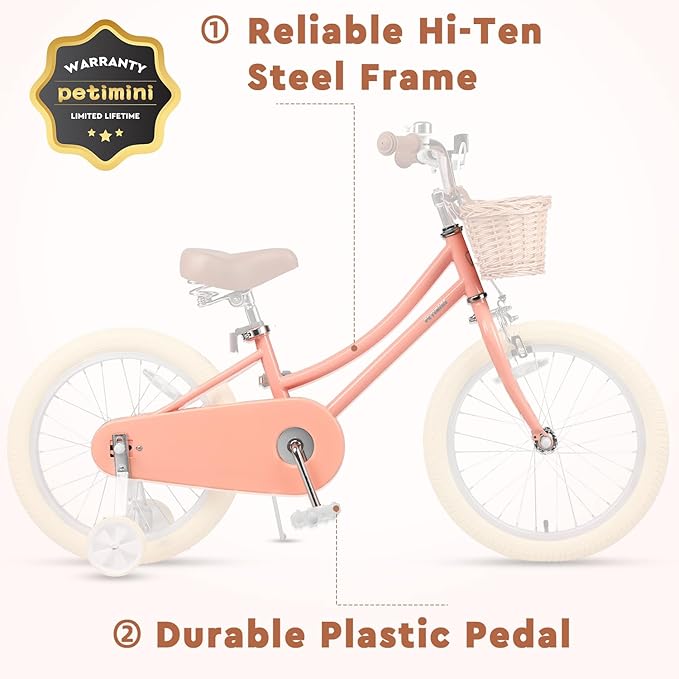 Petimini Vintage Kids Bike for Girls, 12–20 Inch Classic Bicycle with Wicker Basket & Bell, High Tensile Steel Frame, Training Wheels (12–18”), 85% Pre-Assembled, Retro Bike for Outdoor Riding