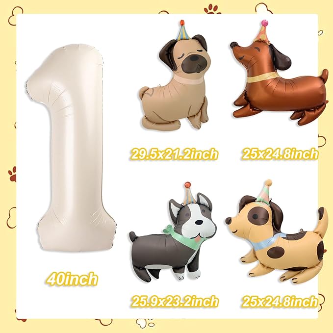 Animal Dog Balloons Puppy Balloon 40 Inch Cream White Number 1 Balloons for Dog 1st Birthday Decorations Dogs Birthday Party Supplies
