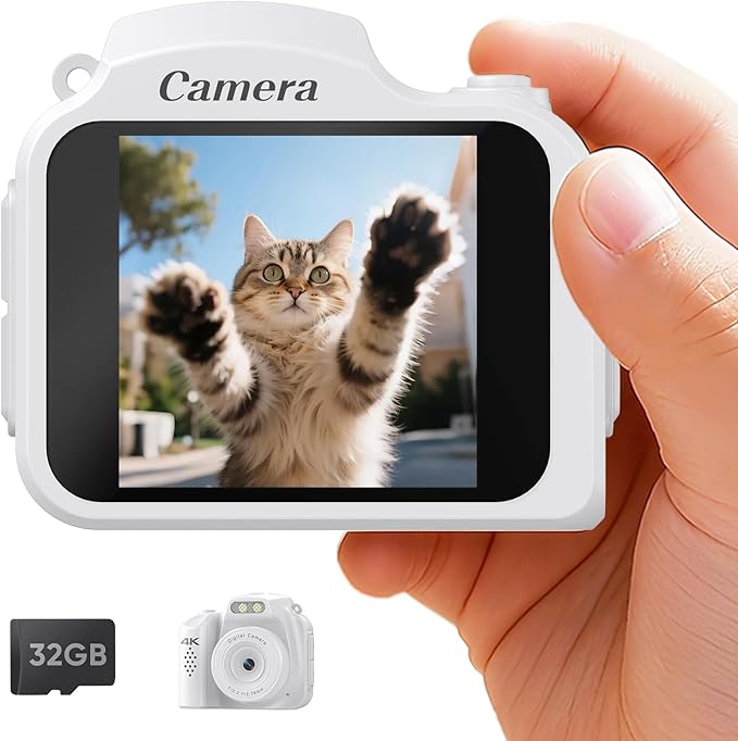 Mini Keychain Camera - 4K Mini Retro Digital Camera - Tiny Pocket Size Photo Video Cameras with 32GB Card - Small Compact Micro Portable Video Recorder for Travel Study Recording (White)
