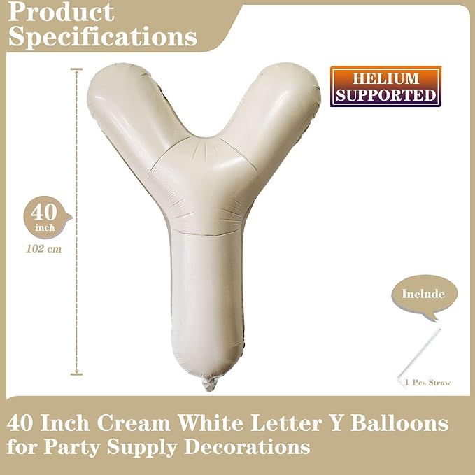 Cream White Letter Y Balloons, 40 Inch Giant Letter Balloons Y Foil Mylar Helium White Letter Balloons for Birthday Party Supplies Anniversary Event Celebration Decorations Alphabet White Y
