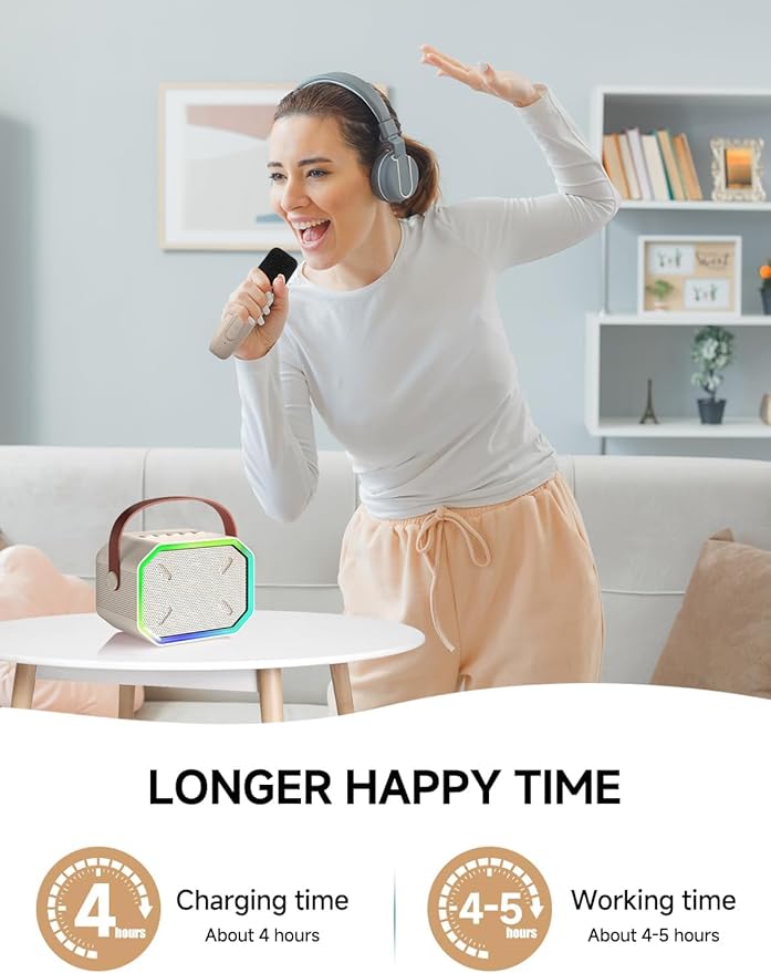 Karaoke Machine for Kids and Adults, Mini Portable Bluetooth Speaker with 2 Wireless Microphones, Led Lights for TV, Kids Gifts for Girls Boys Family Party Birthday (Beige)