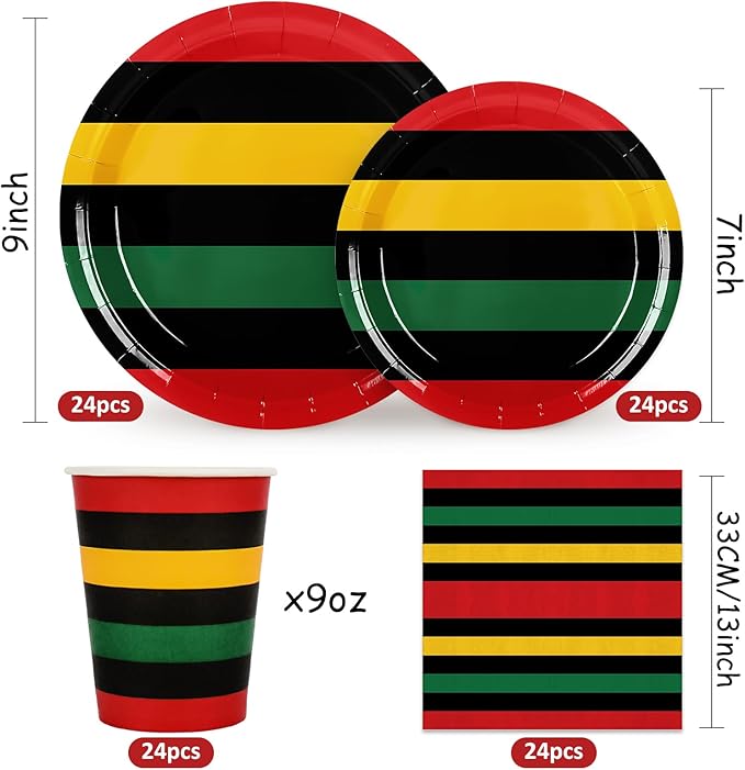 Whaline 96Pcs Juneteenth Tableware Black History Month Kwanzaa Paper Plate Napkin Cup African American Freedom Disposable Dinnerware Set for 24 Guests Party Table Decor