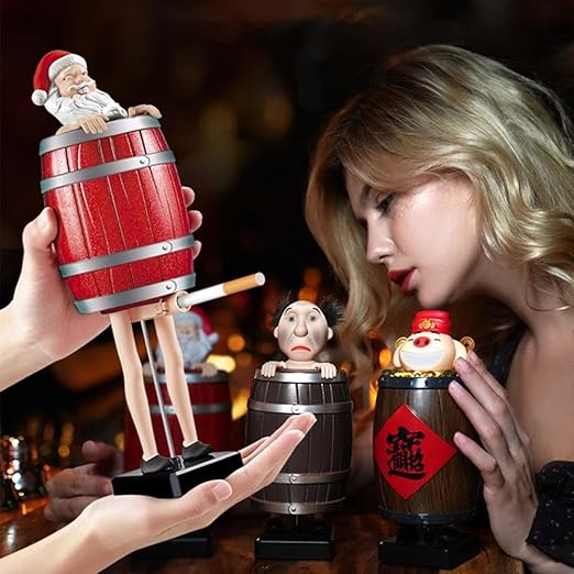 Funny Cigarette Dispenser, Novelty Gag Collectibles Prank Automatic Bounce Cigarette Case, Santa Claus in The Wooden Barrel Cigarette Box, Prank Toy Gift for Man