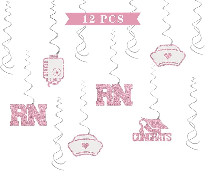 Nurse RN Graduation Hanging Swirl Decorations - Glitter 13 Pcs Nursing School Party Supplies - Medical Staff Streamers - Medical Nursing School Graduation Foil Swirls Ceiling Decorations Pink