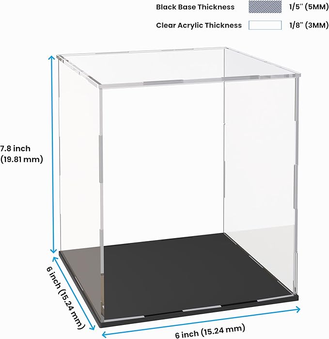 Acrylic Display Case for Collectibles and Toys, Clear Display Box with Thick Base and Lid for Protection and Displaying, 6x6x7.8-inch