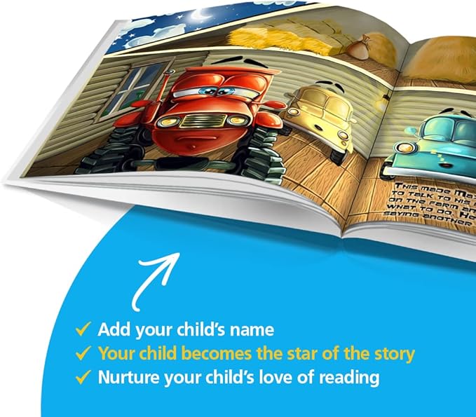 Dinkleboo Personalized Story Book The Talking Tractor - for Kids Aged 0 to 8 Years Old - A story about your child being a red tractor that never stops talking!