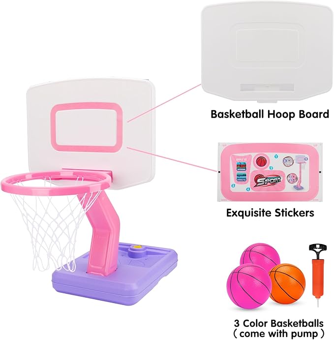 Toddler Pink Basketball Hoop for Age 1-3, Adjustable Kids Basketball Hoop with 3 Balls Indoor Outdoor Play Mini Poolside Basketball Goal Sport Toys Birthday Easter Gift for 1 2 3 4 Year Old Baby Girl
