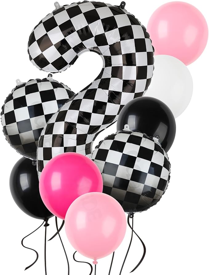 Race Car Balloon Bundle Pink Black 40 Inch Checkered Number Balloon 2 Black and White Race Car Latex Balloon Girls Two Fast Race Car 2nd Birthday Race Car Theme Party Decor Supplies 21 Pcs Kit