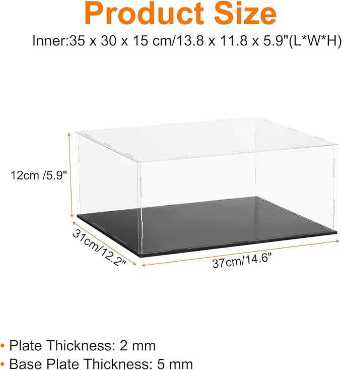 uxcell Acrylic Clear Display Case for Collectibles Self-Assemble Display Clear Boxes with Black Base Dustproof Countertop Storage Box for Collectible Action Figure, 13.8 x 11.8 x 5.9 Inch