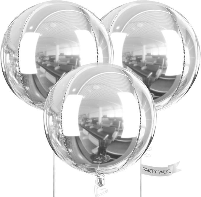 PartyWoo Metallic Silver Foil Balloons 3pcs 50 Inch Large Round Foil Big Giant 4D Jumbo Inflatable Mirror Ball Mylar Balloons for Graduation Birthday Engagement Space Themed Party Decorations