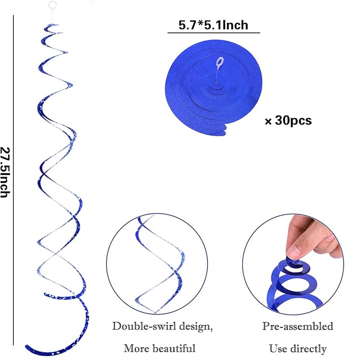 30 Pieces Blue Foil Ceiling Hanging Party Swirl Decorations Plastic Streamers Photo Backdrop for Birthday Graduation Wedding Baby Shower Wedding Bachelorette Galaxy Theme Party Decorations