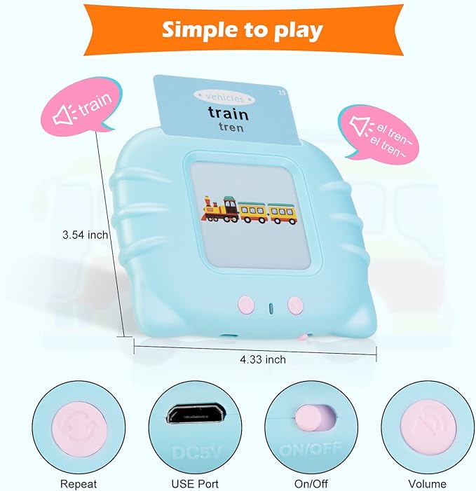 Bilingual Talking Flash Cards with 385 Sight Words (English/Spanish, Letters and Numbers), Montessori Educational Learning Interactive Toddler Toys, Speech Therapy Autism Sensory Toys, Blue