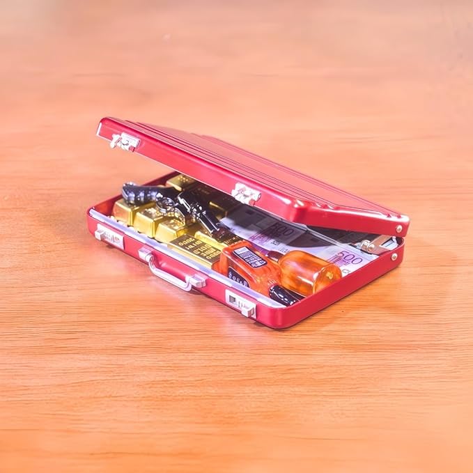 1:6 Scale Miniature Briefcase Set - Includes Fake Gold Bars, Bundles of $100 Mini Dollar Bills, Vintage Coins and Mini Weapons - Unique Adult NoveltyToy & Dollhouse Accessories (Red)