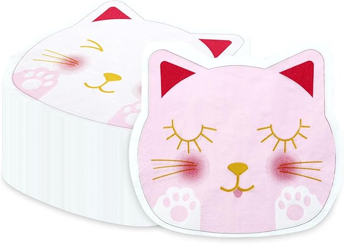 100Pcs Cat Napkins, 10.2 x 11.4 Inches Cute Kitty Party Napkin, Pink White Paw Print Paper Napkins, Cat Birthday Decorations Kitten Napkin for Kids Pet Kitty Birthday Party Supplies