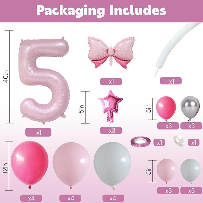 40 Inch Pink Number 5 Balloon for 5th Birthday Decoration Pastel Baby Pink Number Five Foil Balloon Tower Giant Large Digit Hot Pink White Helium Balloons Stack Stand for Girls Anniversary Party