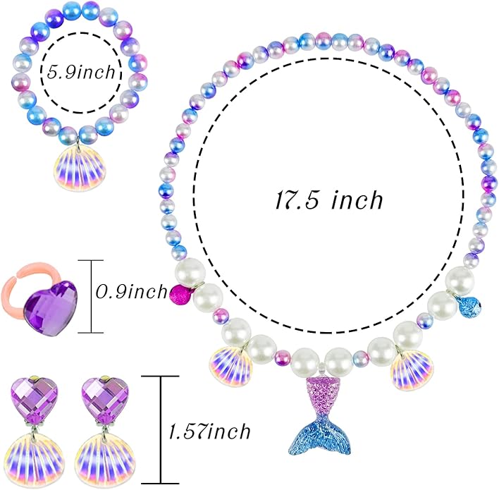 Keenjorika 6pcs Girls Princess Necklace Bracelets Ear Clips Set Mermaid Crown Pendant Colorful Plastic Princess Party Dress Up Pretend Play Christmas Gift