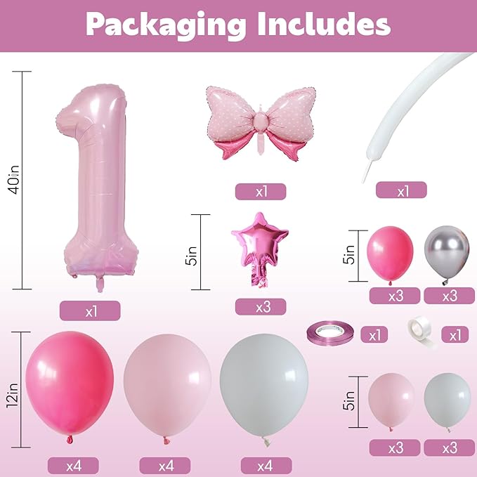 40 Inch Pink Number 1 Balloon for 1st Birthday Decorations Pastel Baby Pink Number One Foil Balloon Tower Giant Large Digit Hot Pink White Helium Balloons Stack for Girls First Anniversary Party