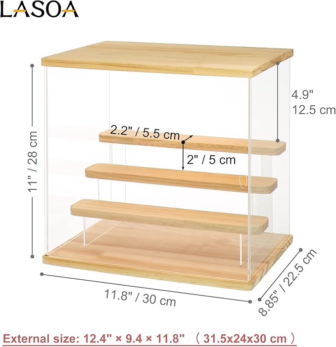 LASOA Acrylic Display Case with Adjustable LED Lights, 4 Tier Clear Display Box for Action Figures and Collectibles, Self-Assembly Showcase with Wooden Base for Miniatures, 11.8x8.9x11inch