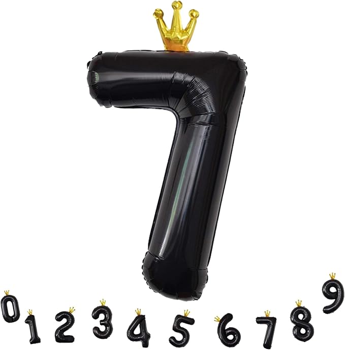 Black Crown Number 7 Balloon, 40 Inch Number 0-9 Set for Men 70th Birthday, Foil Helium Self Inflating Large Balloons for Girls 7th Birtyday Party Decor Anniversary Graduation for Boys Supplies