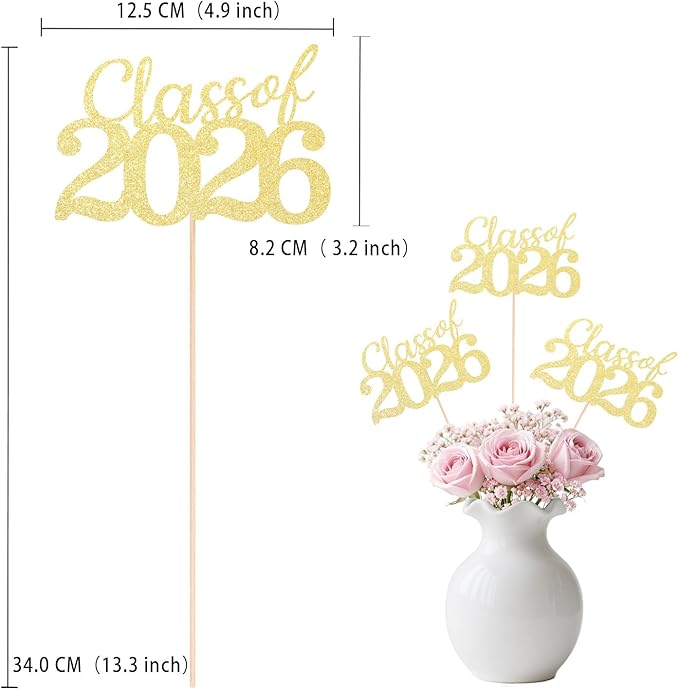 Gold Class of 2026 Double-sided Graduation Table Centerpieces, 12 Pcs Grad Party Decorations with Sticks, Graduation 2026 Party Supplies for Table Decor
