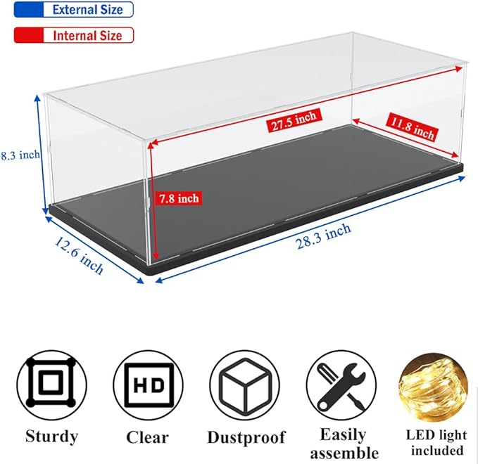 DuvinDD Acrylic Display Case for Lego Car Mercedes F1 42171, McLaren F1 42141, Clear Large Display Box 1/8 Scale Model Car Dustproof for Collectibles with Black Base(27.5x11.8x7.8 inch)