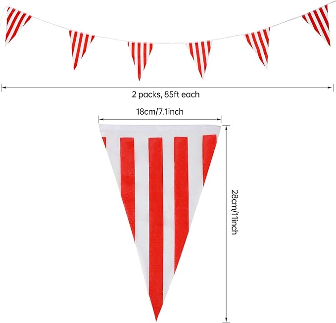 RUBFAC 170ft 120pcs Red and White Striped Pennant Banner, Carnival Circus Decorations Supplies, String Triangle Bunting Flags, Kids Birthday, New Year Eve Celebration Supplies
