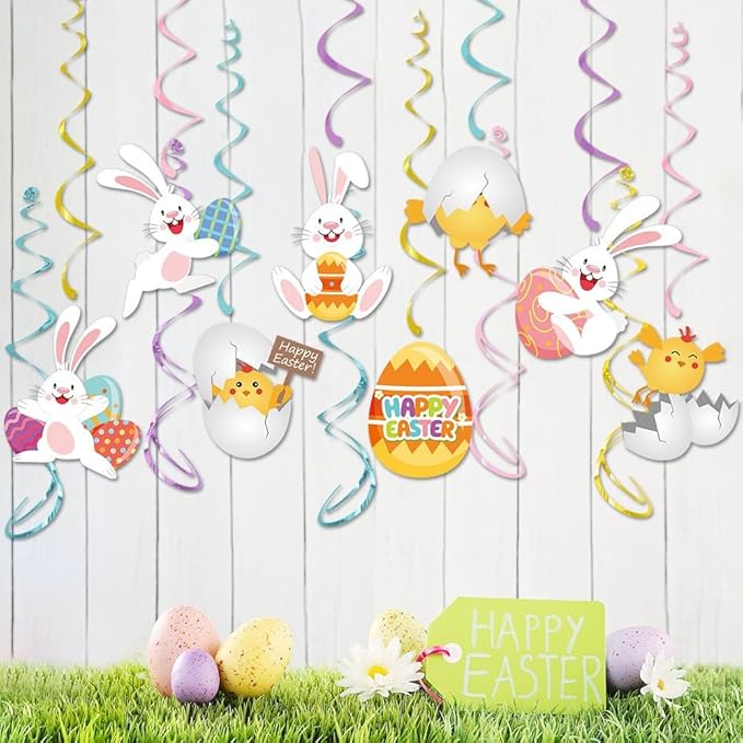 Hanging Easter Decorations Swirls 22pcs, Egg Bunny Ceiling Hanging Party Streamers, Foil Easter Party Decor Supplies for Home Office School, Dangling Spinners Party Ceiling Favor